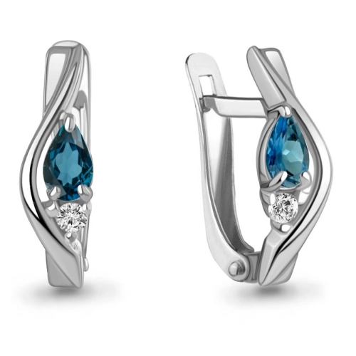 Серьги из серебра 925 пробы с топазом London Blue и фианитами