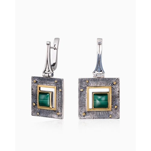 Серьги из серебра 925 пробы с позолотой, малахитом