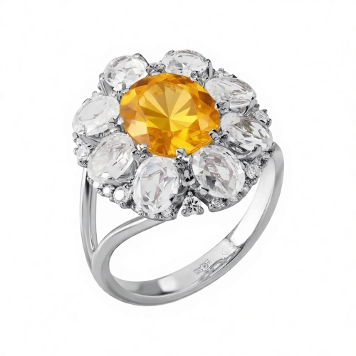 Кольцо (585 б) цитрин, сапфир белый, бриллиант
