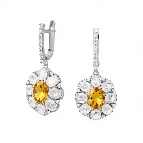 Серьги (585 б) цитрин, сапфир белый, бриллиант