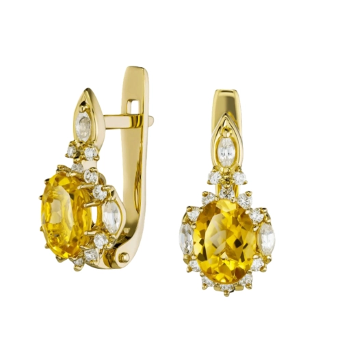 Серьги (585 ж) цитрин, сапфир белый, бриллиант