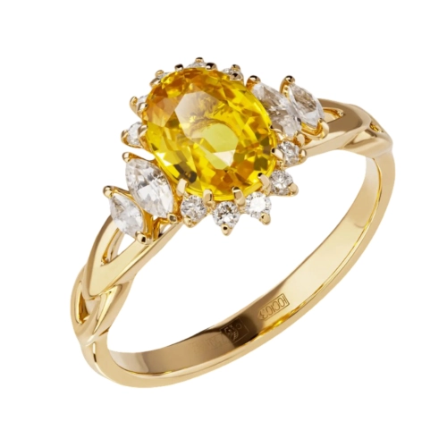 Кольцо (585 ж) цитрин, сапфир белый, бриллиант