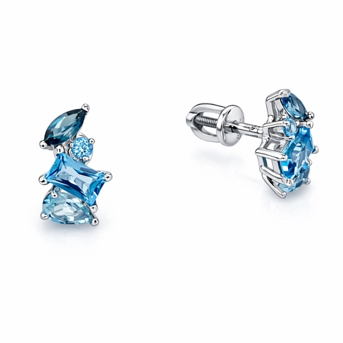 Серьги пусеты из белого золота 585 пробы с топазами и топазами London Blue