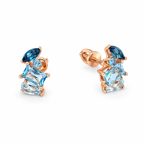 Серьги пусеты из золота 585 пробы с топазами и топазами London Blue