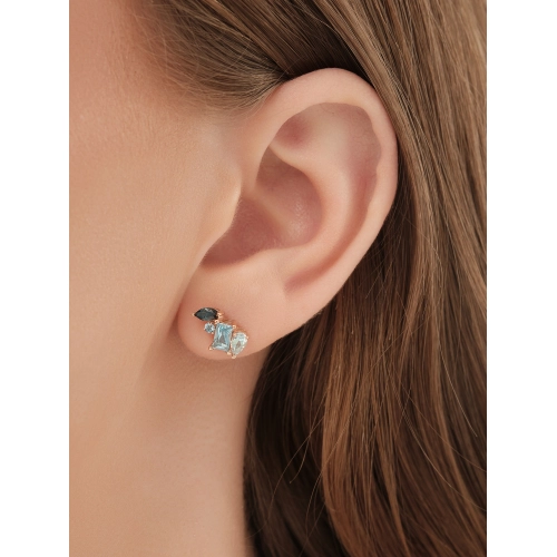 Серьги пусеты из золота 585 пробы с топазами и топазами London Blue