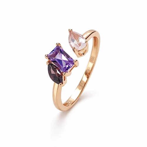 Кольцо (585) кварц, аметист, родолит синт.