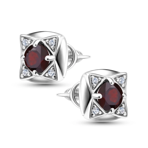 Серьги пусеты из серебра 925 пробы с гранатами и фианитами