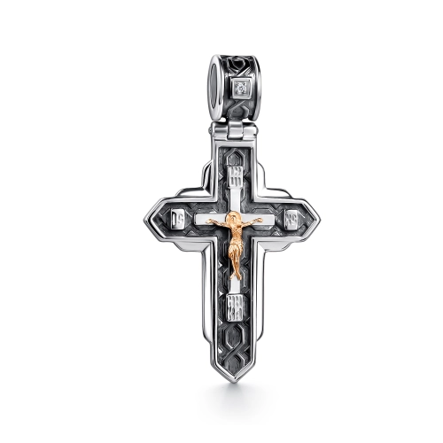 Подвеска декоративный крест из серебра 925 пробы с накладками из золота 585 пробы с бриллиантами