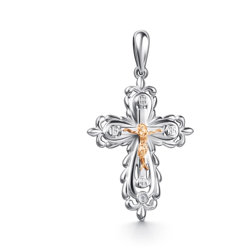 Подвеска декоративный крест из серебра 925 пробы с накладками из золота 585 пробы с бриллиантами