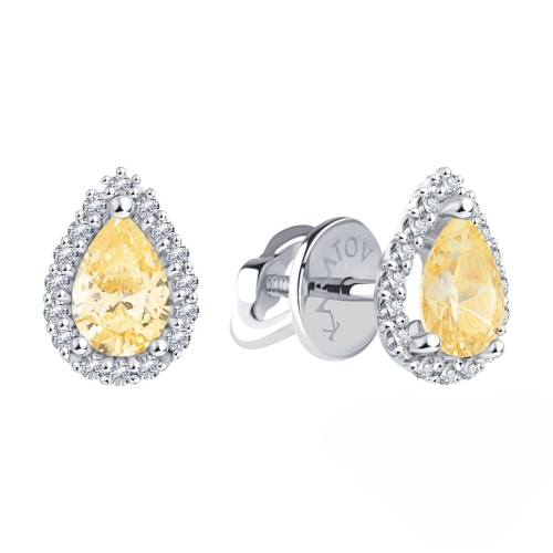 Серьги пусеты из белого золота 585 пробы с цветными фианитами