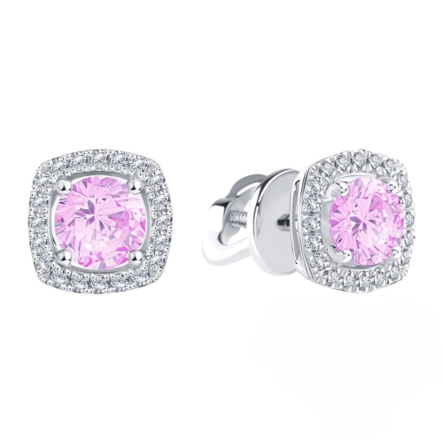 Серьги пусеты из белого золота 585 пробы с цветными фианитами