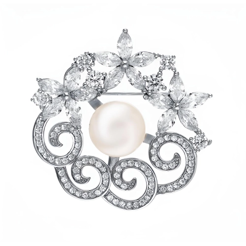 Брошь из серебра 925 пробы с жемчугом и фианитами