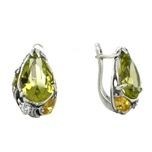 Серьги (925) хризолит кварц синтет., фианит