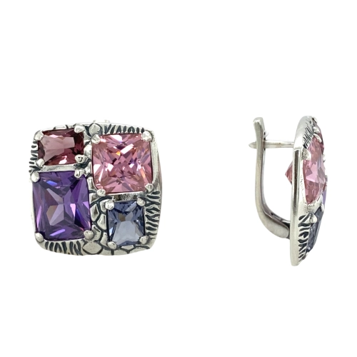 Серьги (925) кварц розовый синтет., аметист фианит