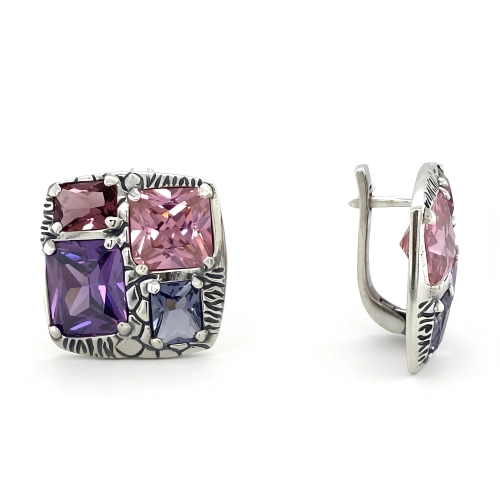 Серьги (925) кварц розовый синтет., аметист фианит