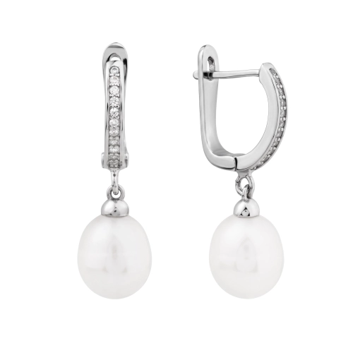 Серьги из серебра 925 пробы с жемчугом и фианитами