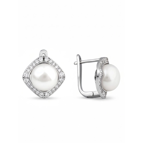 Серьги из серебра 925 пробы с жемчугом и фианитами