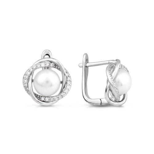 Серьги из серебра 925 пробы с жемчугом и фианитами