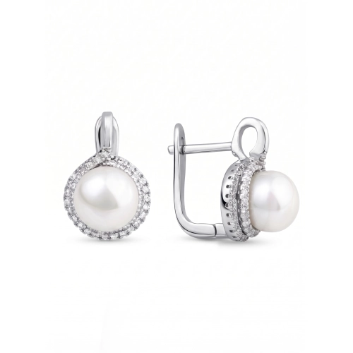 Серьги из серебра 925 пробы с жемчугом и фианитами