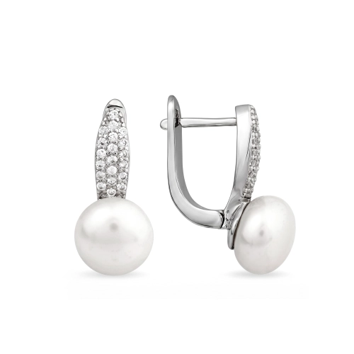 Серьги из серебра 925 пробы с жемчугом и фианитами