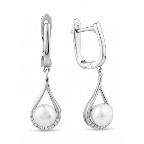 Серьги из серебра 925 пробы с жемчугом и фианитами
