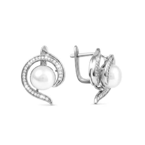 Серьги из серебра 925 пробы с жемчугом и фианитами