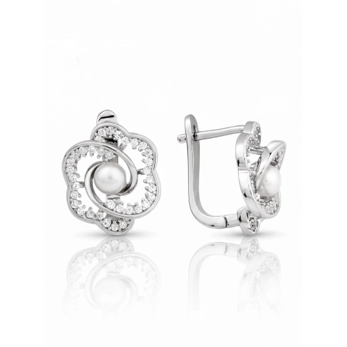 Серьги из серебра 925 пробы с жемчугом и фианитами