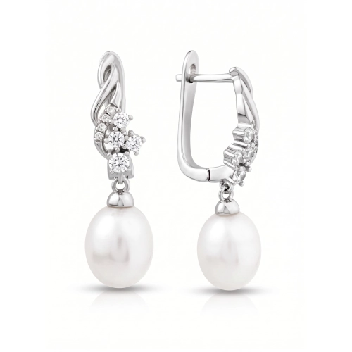 Серьги из серебра 925 пробы с жемчугом и фианитами