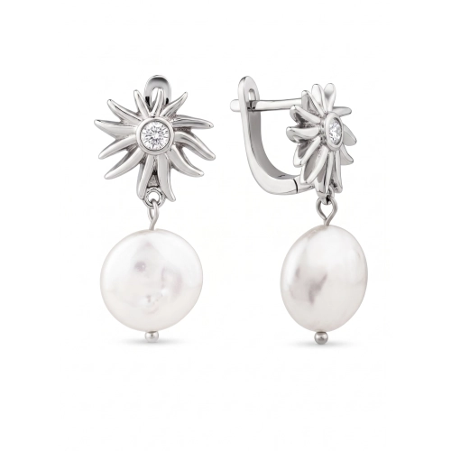 Серьги из серебра 925 пробы с жемчугом и фианитами