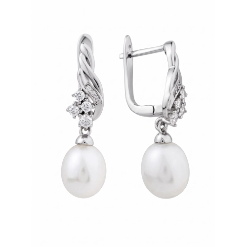Серьги из серебра 925 пробы с жемчугом и фианитами