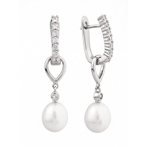 Серьги из серебра 925 пробы с жемчугом и фианитами
