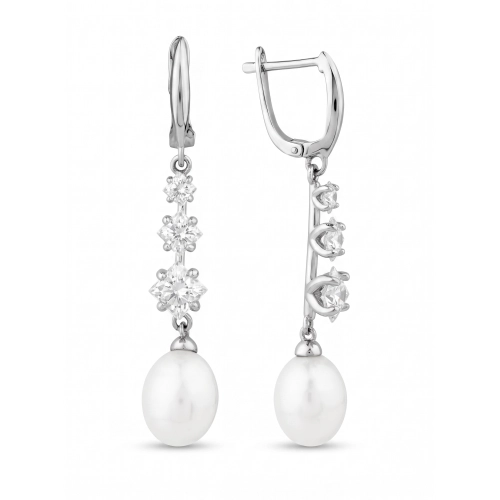 Серьги из серебра 925 пробы с жемчугом и фианитами