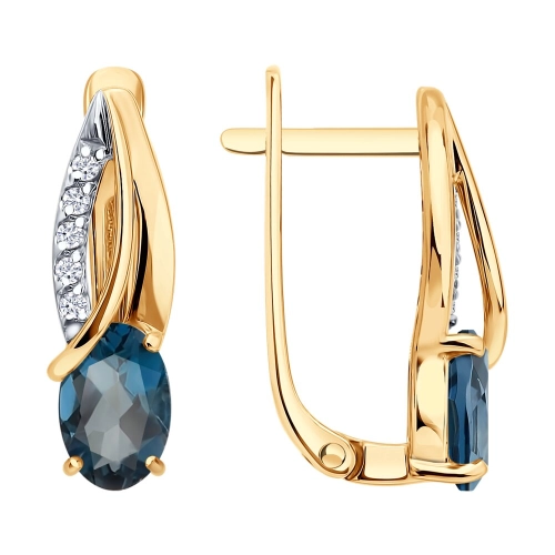 Серьги из золота 585 пробы с топазом ЛОНДОН и фианитами